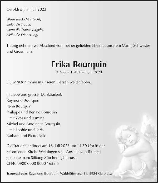 Todesanzeige von Erika Bourquin