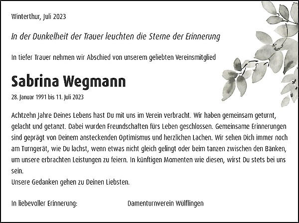 Todesanzeige von Sabrina Wegmann