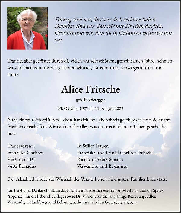 Todesanzeige von Alice Fritsche