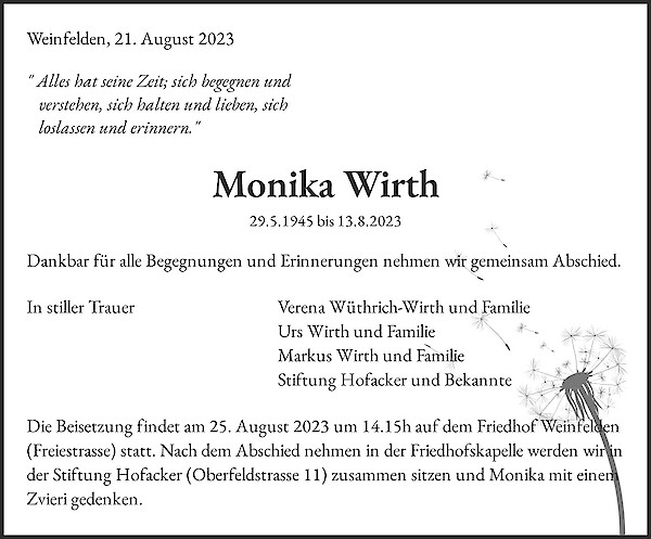 Todesanzeige von Monika Wirth