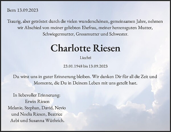 Todesanzeige von Charlotte Riesen