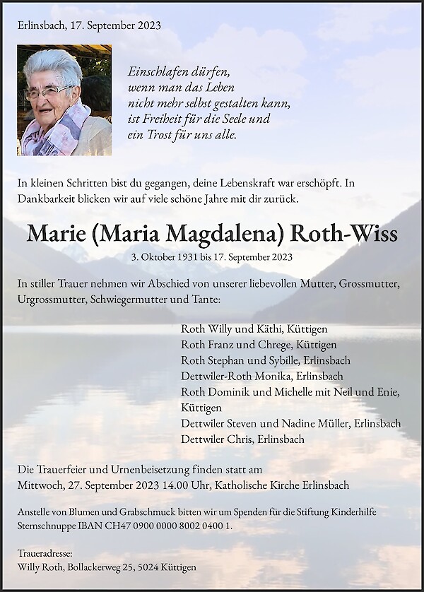 Todesanzeige von Marie (Maria Magdalena) Roth-Wiss