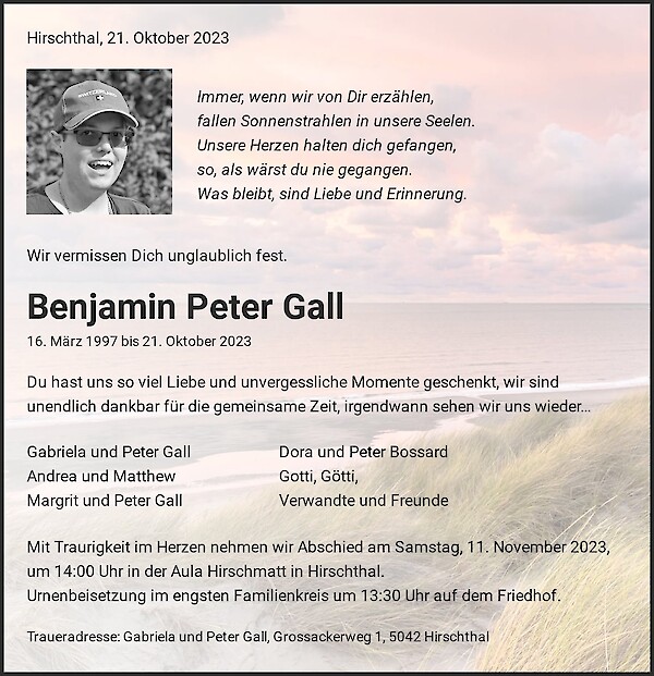 Todesanzeige von Benjamin Peter Gall