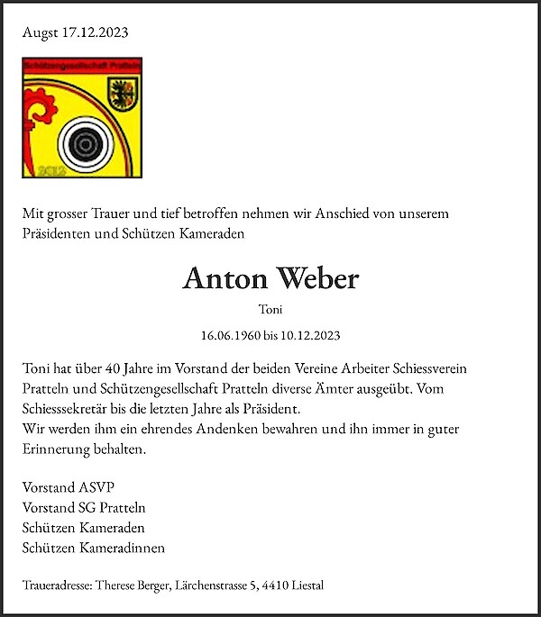 Todesanzeige von Anton Weber