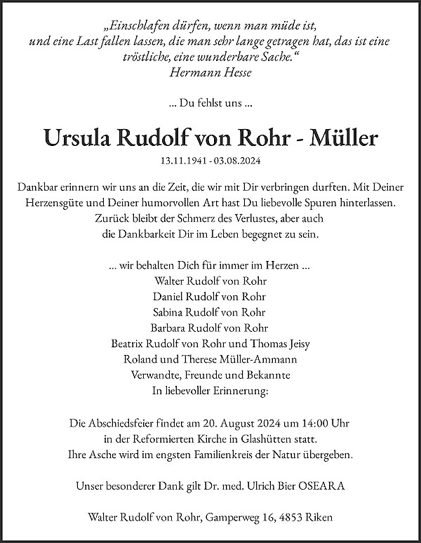 Todesanzeige von Ursula Rudolf von Rohr - Müller