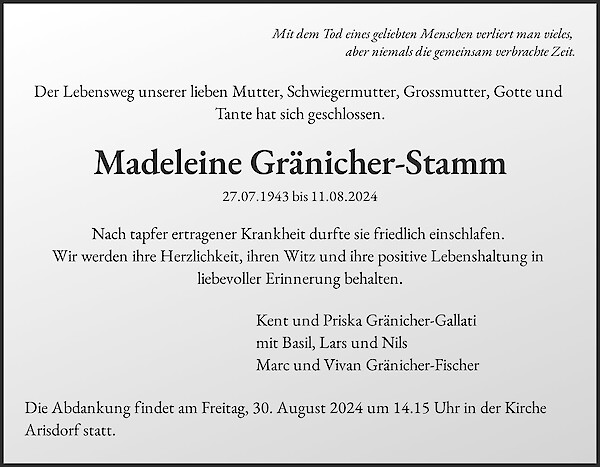 Todesanzeige von Madeleine Gränicher-Stamm