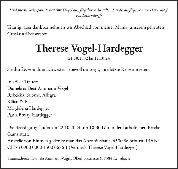 Todesanzeige von Therese Vogel-Hardegger