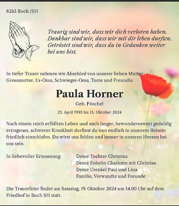 Todesanzeige von Paula Horner, Buch