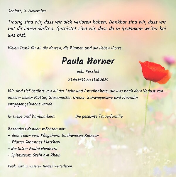 Todesanzeige von Paula Horner, Ramsen