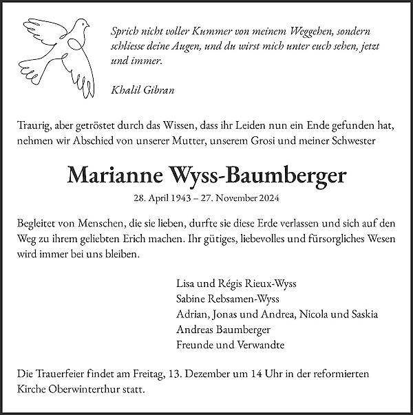 Todesanzeige von Marianne Wyss-Baumberger, Winterthur