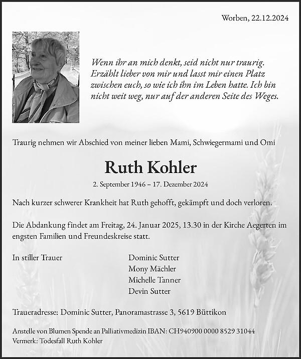 Todesanzeige von Ruth Kohler