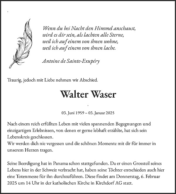 Todesanzeige von Walter Waser